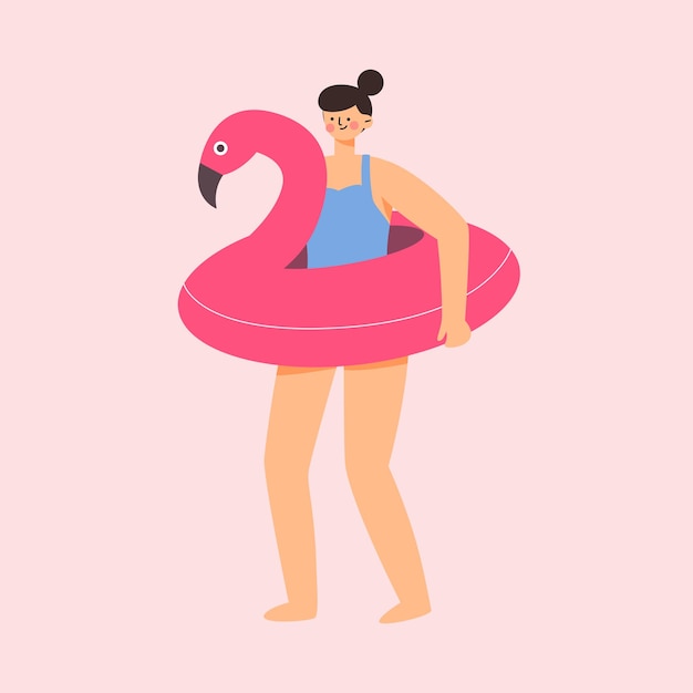 woman with flamingo swimming ring