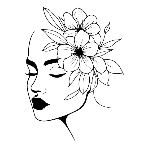 Vector a woman with a flower in her hair is drawn on a white background