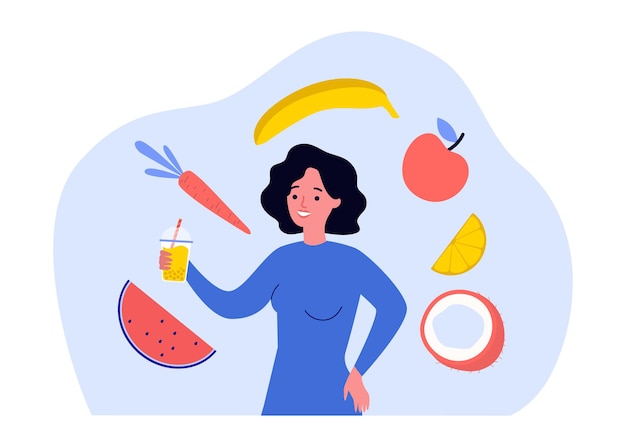 Woman with glass of fresh juice surrounded by fruits. Girl holding beverage with straw in hands flat vector illustration. Detox, healthy food concept for banner, website design or landing web page