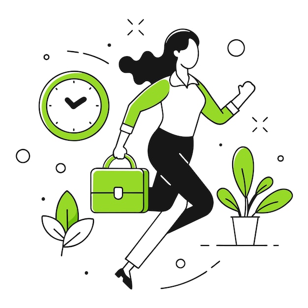 a woman with a green suitcase and a clock on the side of her