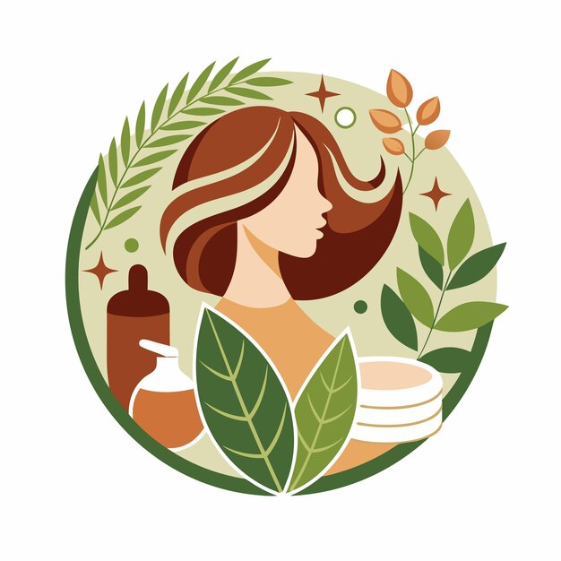 Vector woman with hair leaves and beauty products