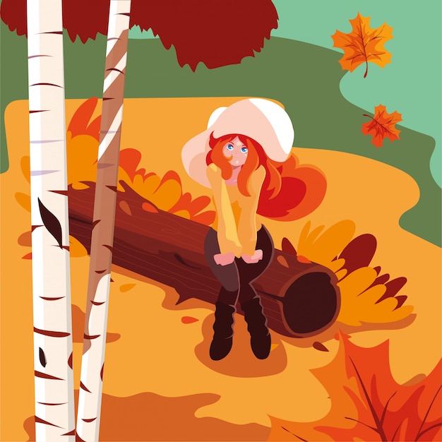 Woman with hat in autumn landscape