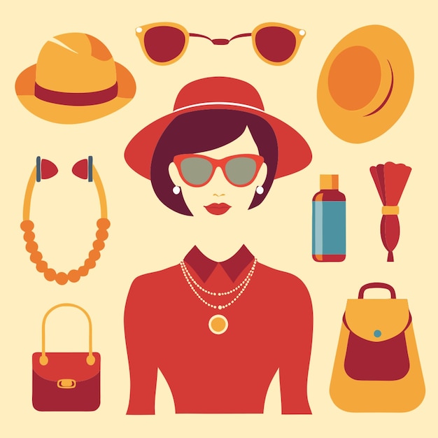 Vector a woman with a hat and sunglasses is surrounded by hats