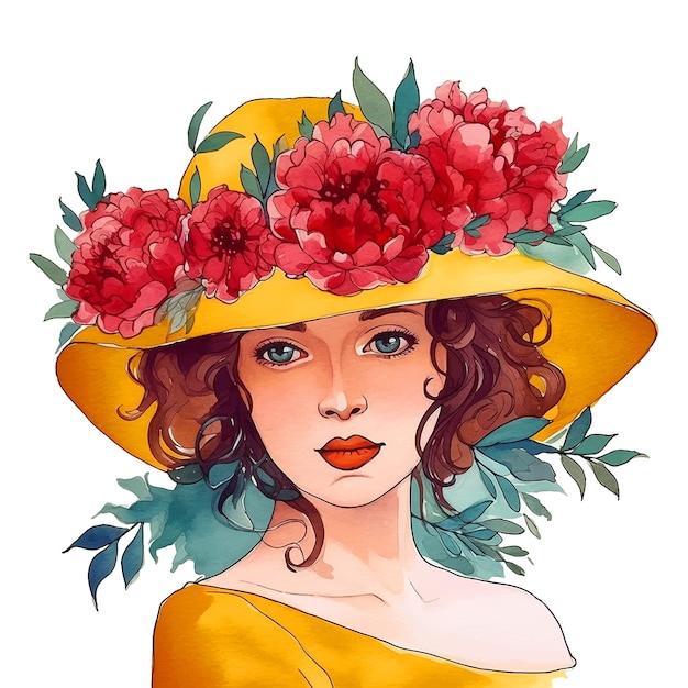 Woman with a hat with flowers watercolor paint