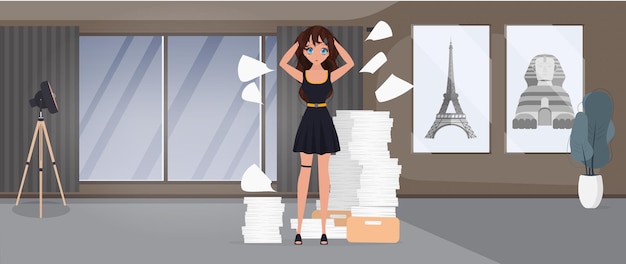 Woman with headache stress symptom and pile documents vector illustration design