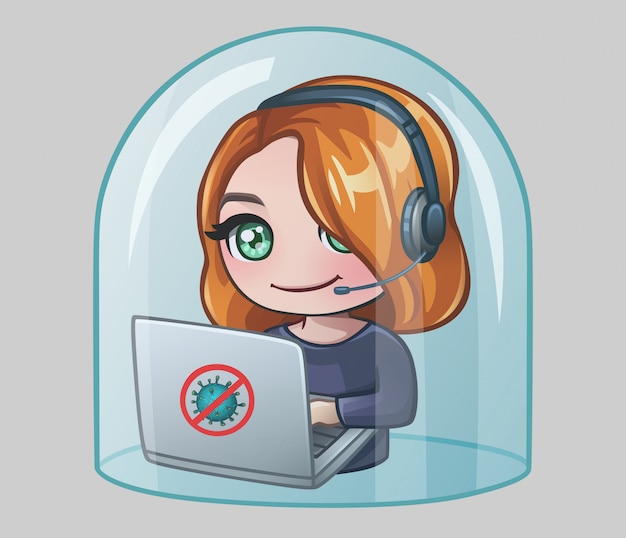 Woman with headphones and laptop under glass dome