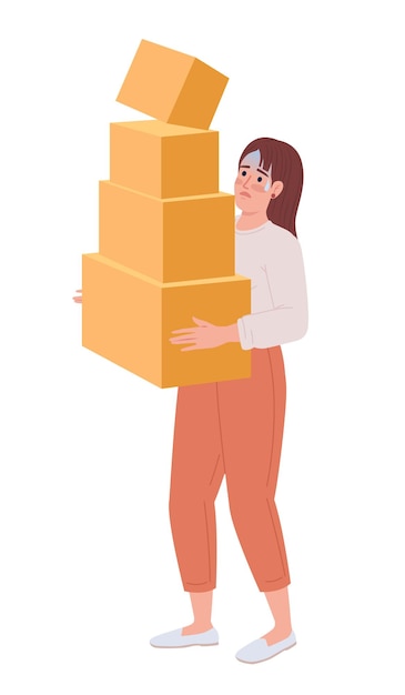 Woman with heavy carton boxes pile in hands semi flat color vector character