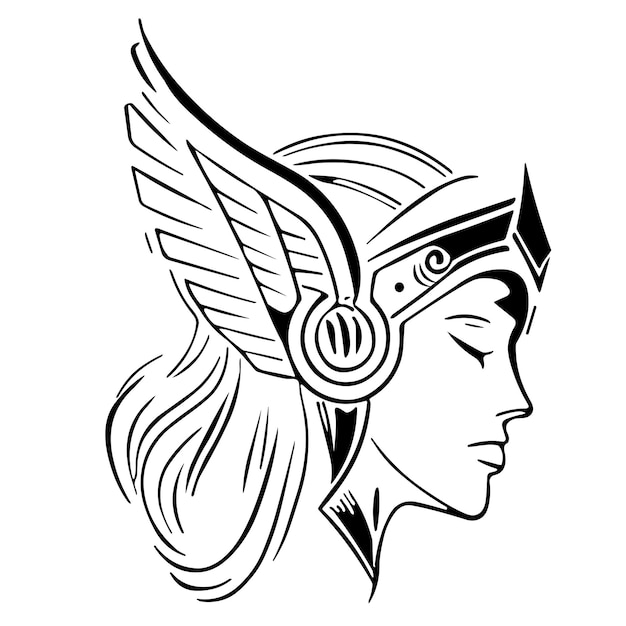 A woman with a helmet and wings on her head.