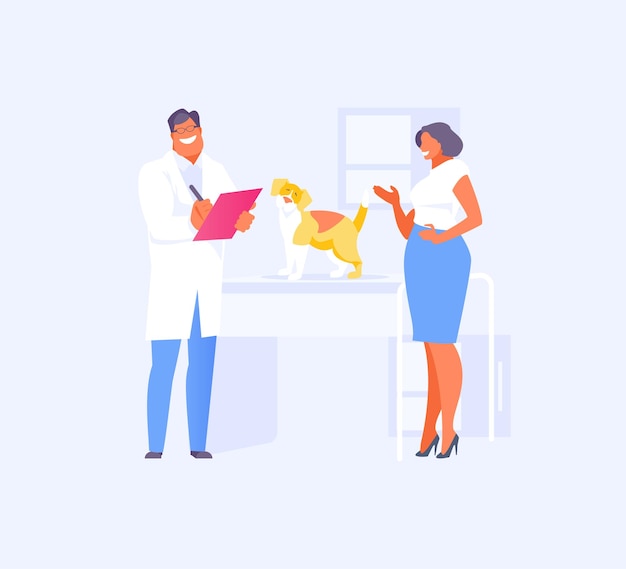 Vector woman with her dog in the office of a veterinarian doctor