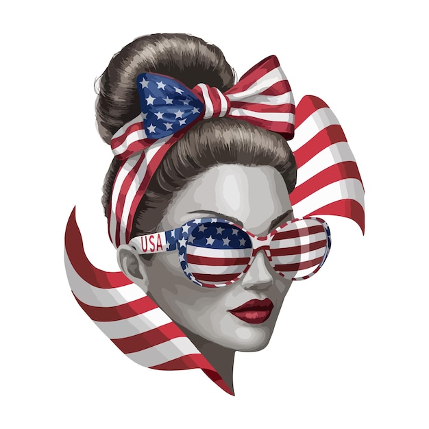 Vector an woman with her hair in a bun wearing sunglasses with the american flag pattern on the lenses