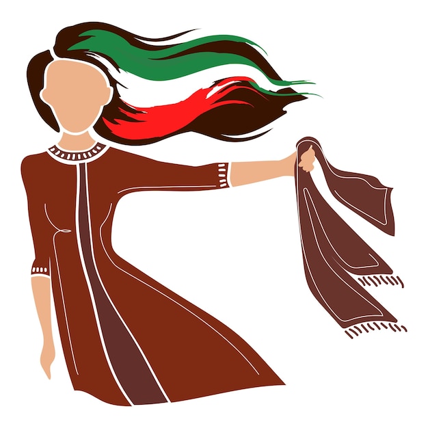 Woman with hijab in hand and flowing hair with Iran flag vector.Poster against wearing the hijab.