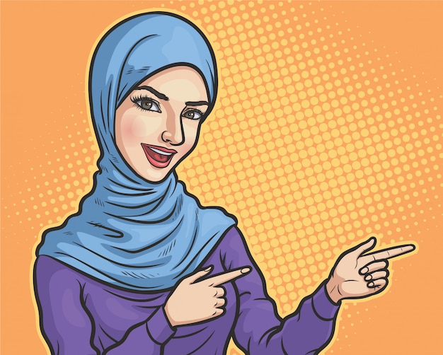 Woman with hijab shows something