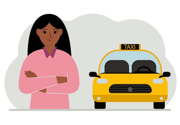 A woman with his arms crossed near a yellow taxi car Vector