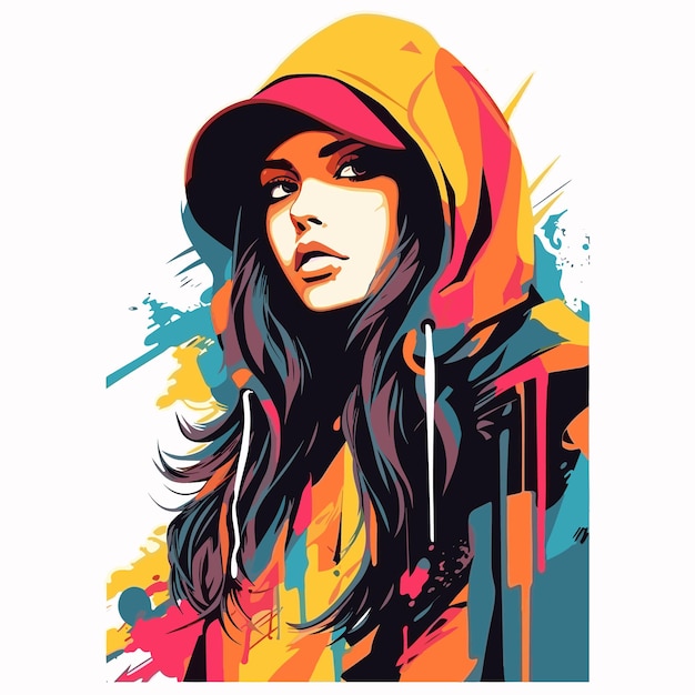 Woman with hoodie on and colorful paint splattered background