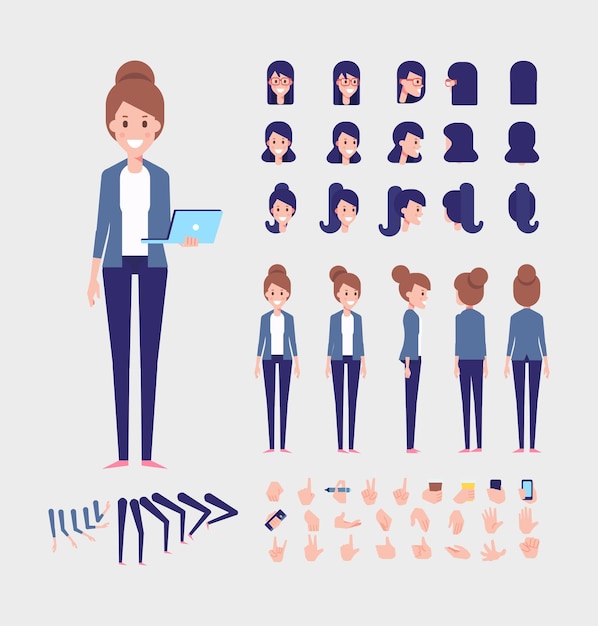 Woman with laptop for animation Various hairstyles emotions and gestures Front side back view