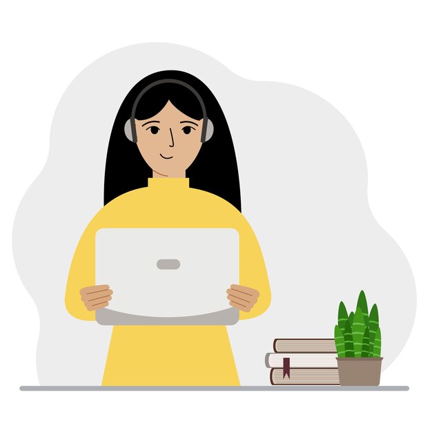 Woman with laptop and headphones Working from home student freelancer assistant blogger or businessman Home office concept Vector flat illustration