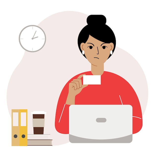 A woman with a laptop in her hand holds a business card. Card empty space for text. Vector flat illustration