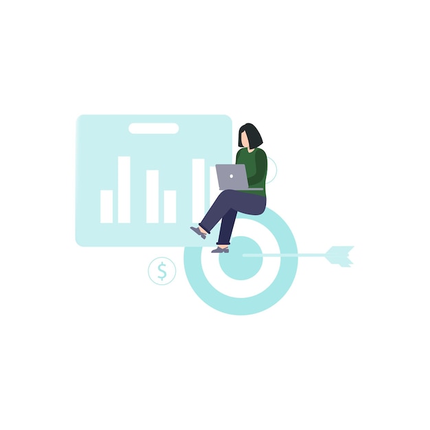 A woman with a laptop on her lap is sitting on a target with a dollar sign in the middle.