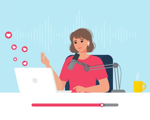 Woman with laptop and microphone in headphones Concept of creating podcast blogging interviews