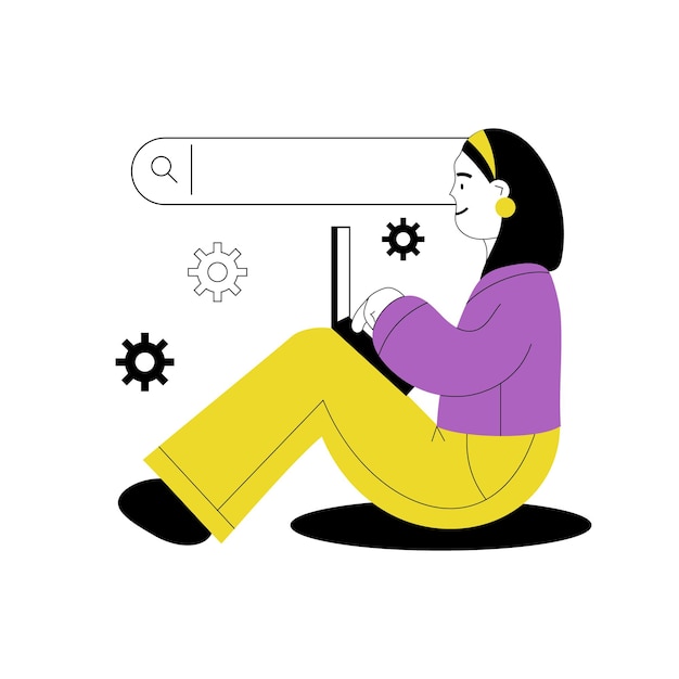 Vector woman with laptop and search bar technologies and web surfing search for solutions and ideas