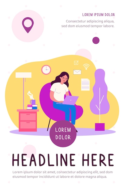 Woman with laptop working at home flat illustration