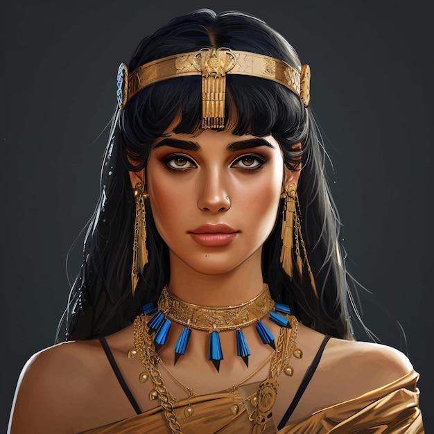 Vector a woman with long black hair and a blue and gold necklace