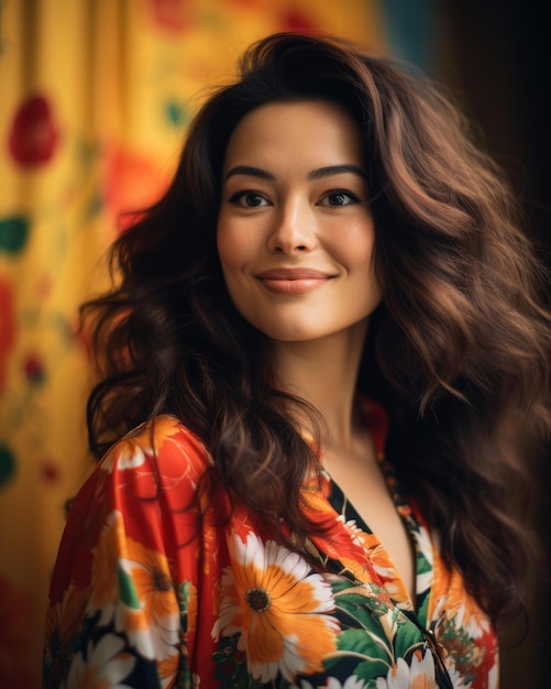 A woman with long brown hair and a floral shirt