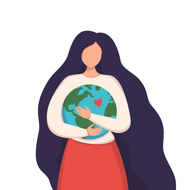 A woman with long dark hair hugs the Earth. Take care of our planet.