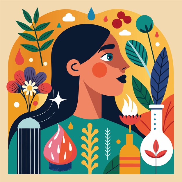 Vector a woman with long hair and a bottle of flowers in a colorful background