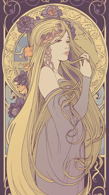 A woman with long hair and a flower in her hair.