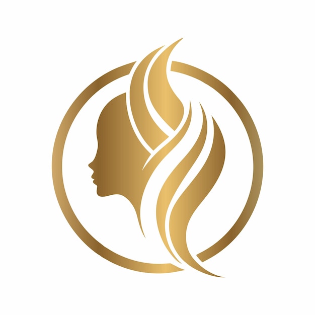 a woman with long hair and a gold logo that says shes a woman