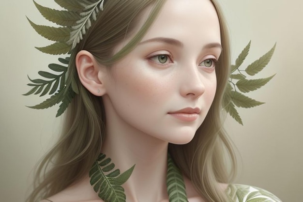 Vector a woman with long hair and a green leaves in her hair