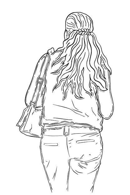 Woman with long hair and a hairpin with a bag in a top and pants doodle linear