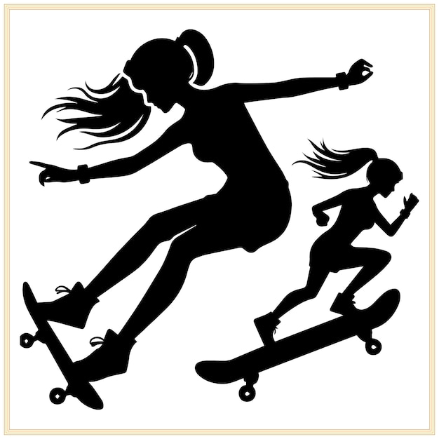 Vector a woman with long hair is riding a skateboard with a woman on the back