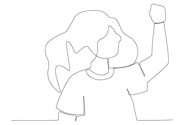 A woman with long hair raising her fist for woman's day one line art