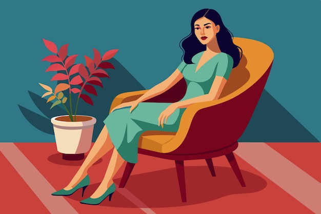 Vector a woman with long hair relaxes in a stylish chair wearing a green dress and elegant shoes surrounded by a vibrant potted plant in a contemporary space