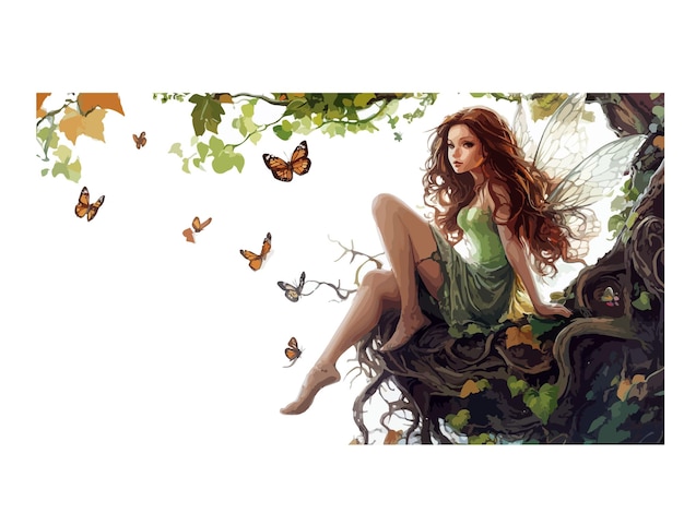 Vector a woman with long hair sits on a tree with butterflies