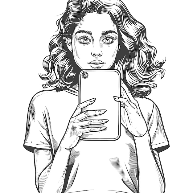 Vector woman with long wavy hair taking a selfie with a smartphone