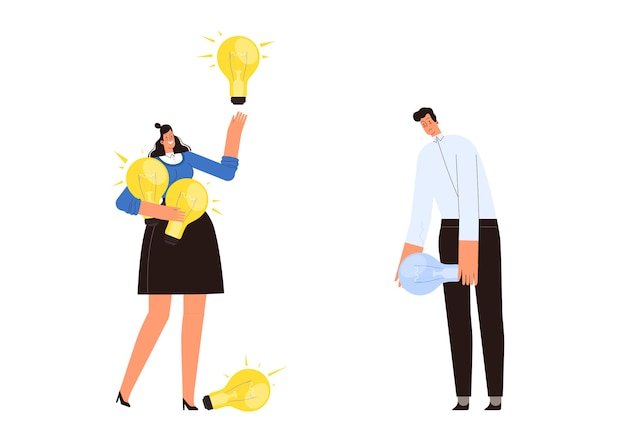 Woman with a lot of ideas and a man who doesnt have them The concept of the emergence of business ideas in different people the comparison of a successful businessman and a loser