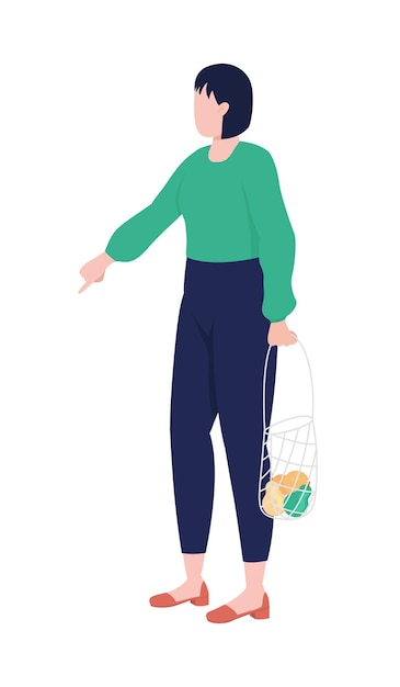 Woman with mesh bag semi flat color vector character. Full body person on white. Young woman chooses fruits at marketplace isolated modern cartoon style illustration for graphic design and animation