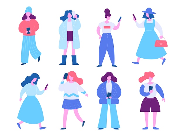 Woman With Mobile Phone Illustration Set