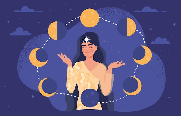 Woman with moon phases concept Mysticism and esotericism astrology Fortune teller and clairvoyant Galaxy and universe space Poster or banner for website Cartoon flat vector illustration