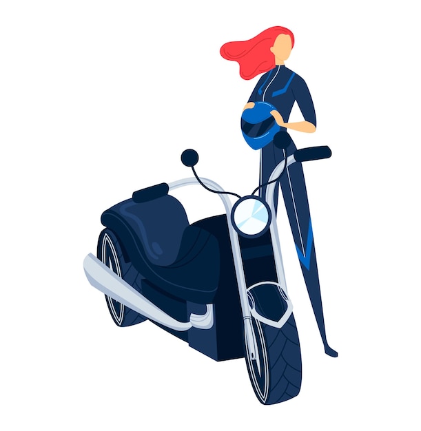 Woman with motorcycle isolated on white vector illustration Female girl biker character drive transport young rider at bike race