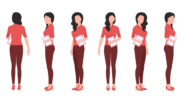 Woman with office document flat character vector illustration created from different angles women with office documents flat character vector set