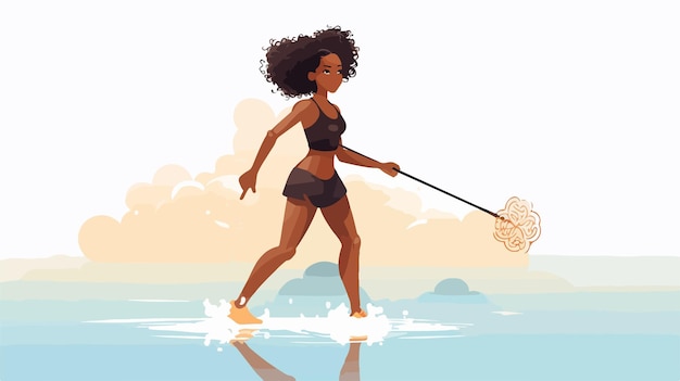 a woman with a paddle walks in the water with a net