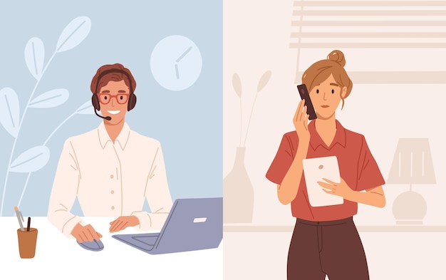 Woman with phone calling to customer support service. Operator of online consulting center during consultation with client. Colored flat vector illustration of online helpdesk or hotline.