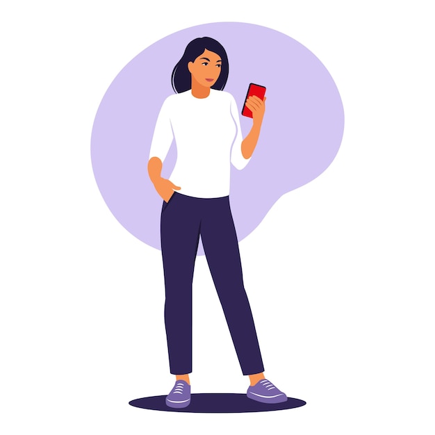 Vector woman with a phone concept. vector illustration. flat.