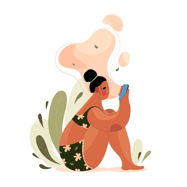 Woman with Phone in Hand in flat style. Girl Sits and Looks Into the Phone Screen in nature.