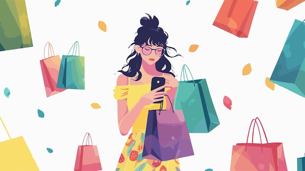 a woman with a phone in her hand and a colorful background with many bags