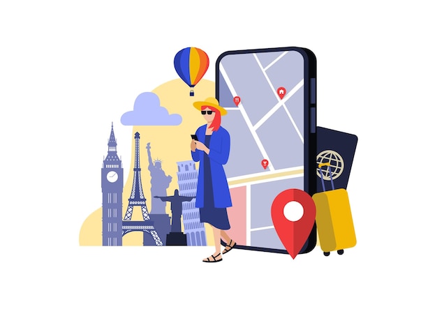 Woman with phone screen in the background concept image of a navigation application for travel